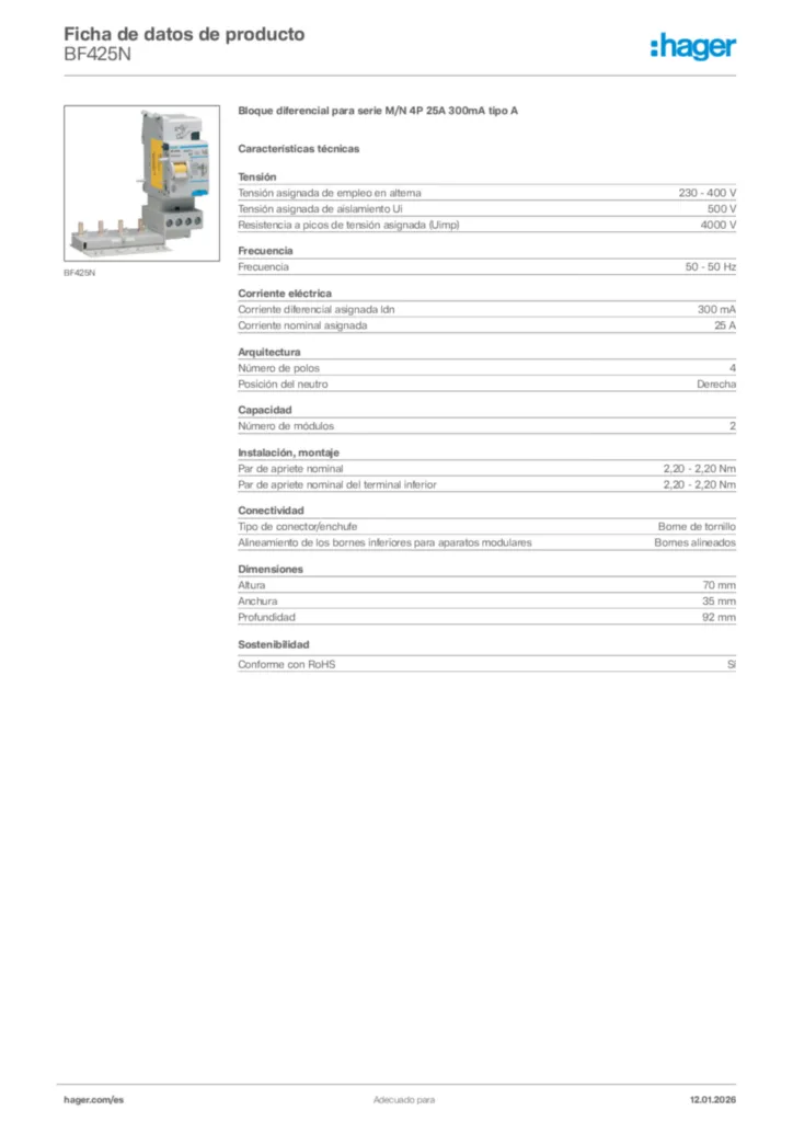 Imagen Hager Ficha de datos de producto BF425N | Hager España