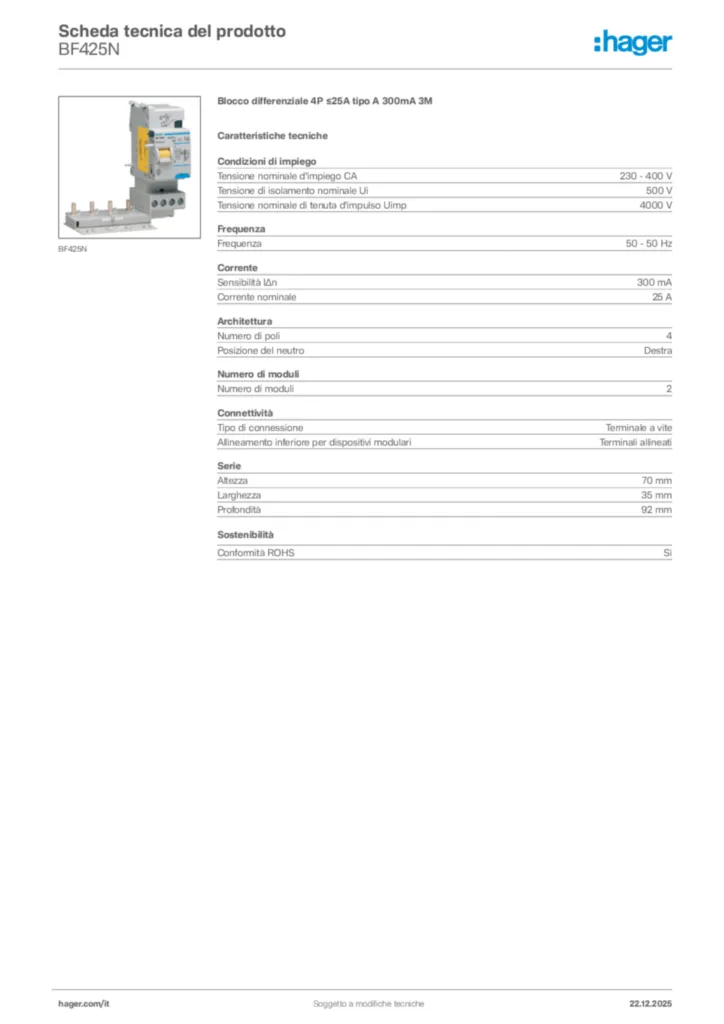 Immagine Hager Scheda tecnica del prodotto BF425N | Hager Italia