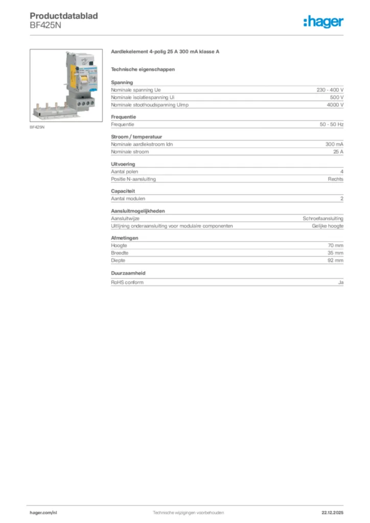 Afbeelding Hager Productdatablad BF425N | Hager Nederland