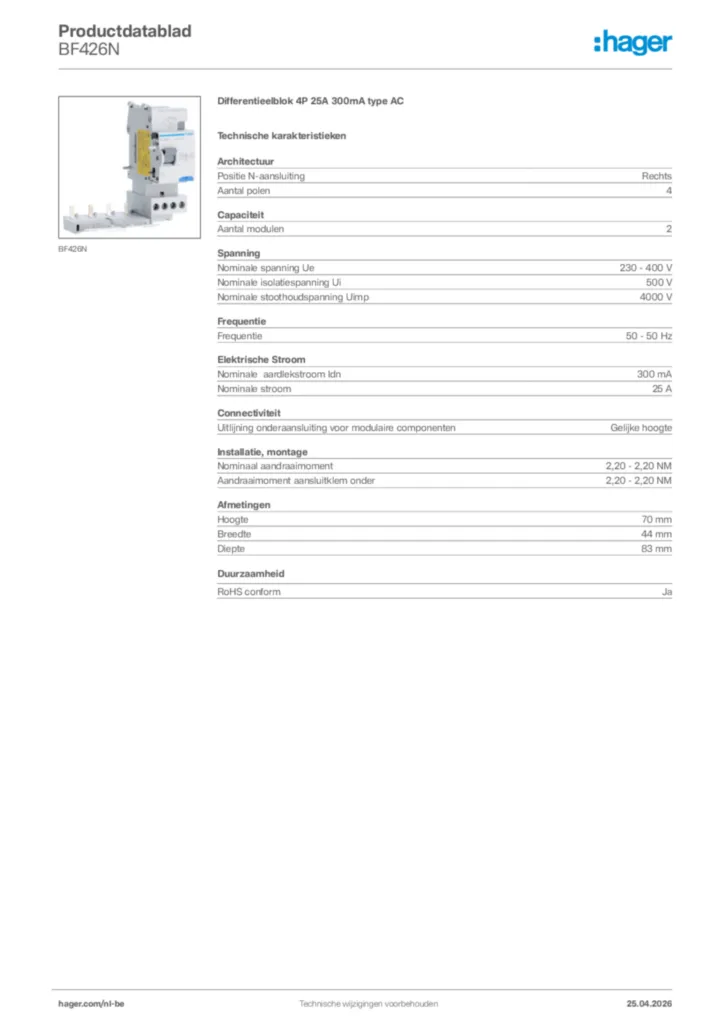 Afbeelding Hager Productdatablad BF426N | Hager Belgium
