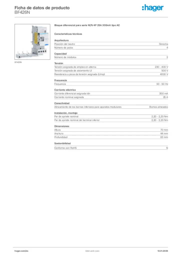 Imagen Hager Ficha de datos de producto BF426N | Hager España