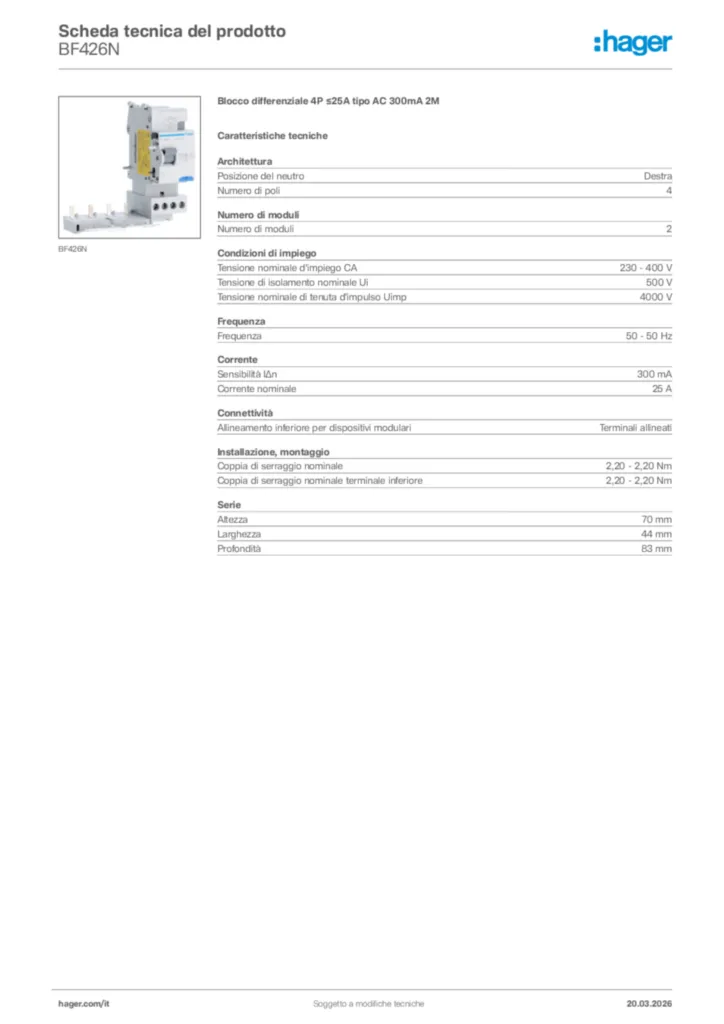 Immagine Hager Scheda tecnica del prodotto BF426N | Hager Italia