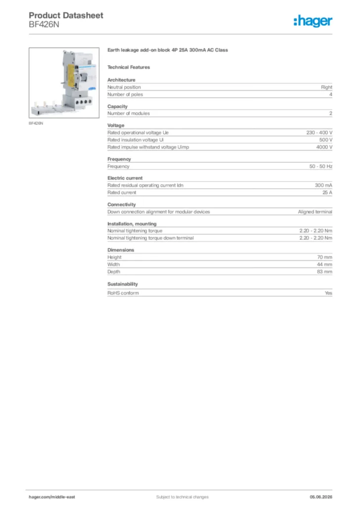 Image Hager Product data sheet BF426N  | Hager