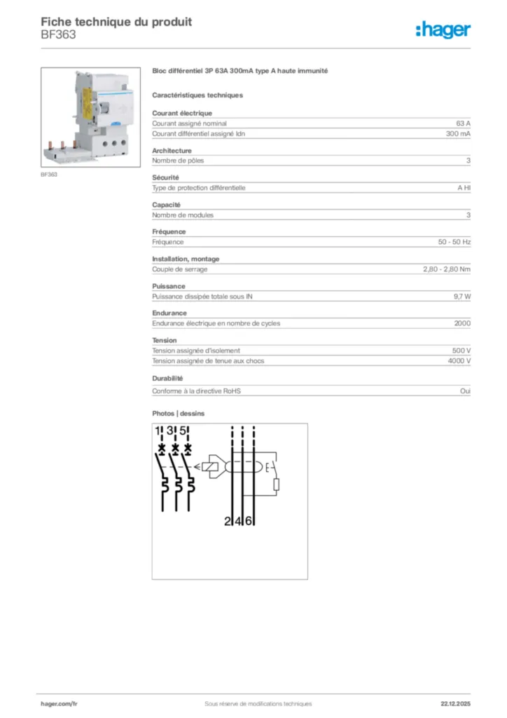 Image Hager Fiche technique du produit BF363 | Hager France