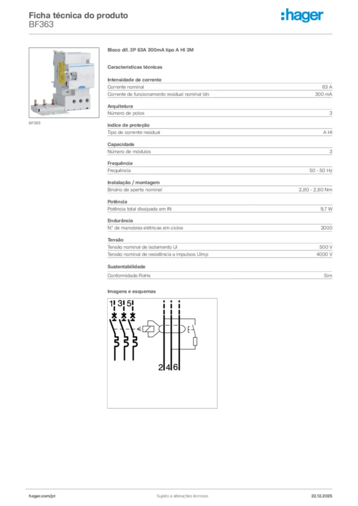 Imagem Hager Ficha técnica do produto BF363 | Hager Portugal