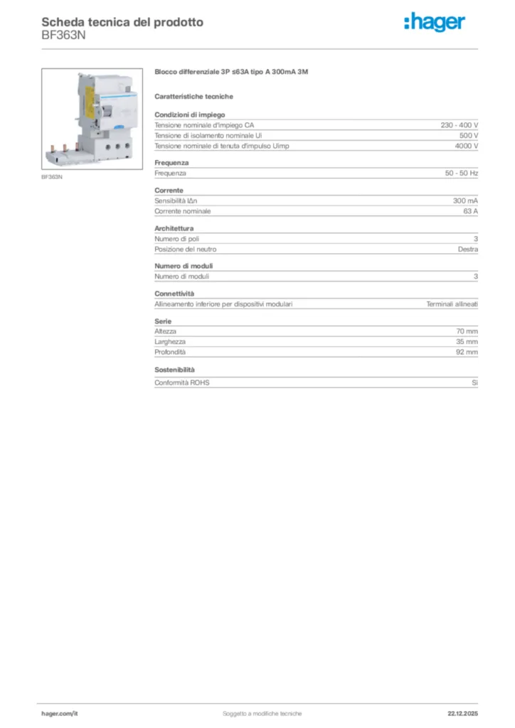Immagine Hager Scheda tecnica del prodotto BF363N | Hager Italia