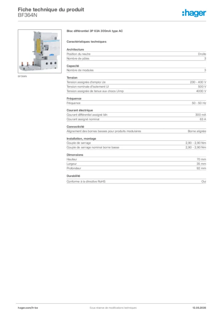 Image Hager Fiche technique du produit BF364N | Hager Belgique