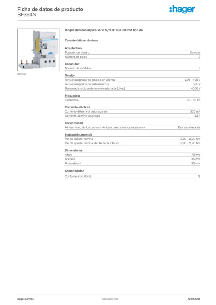 Imagen Hager Ficha de datos de producto BF364N | Hager España