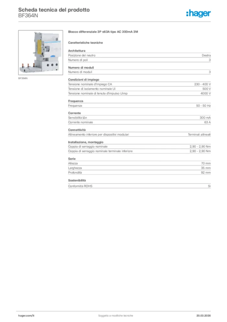 Immagine Hager Scheda tecnica del prodotto BF364N | Hager Italia