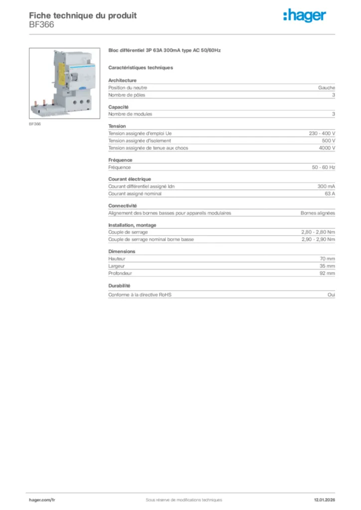 Image Hager Fiche technique du produit BF366 | Hager France