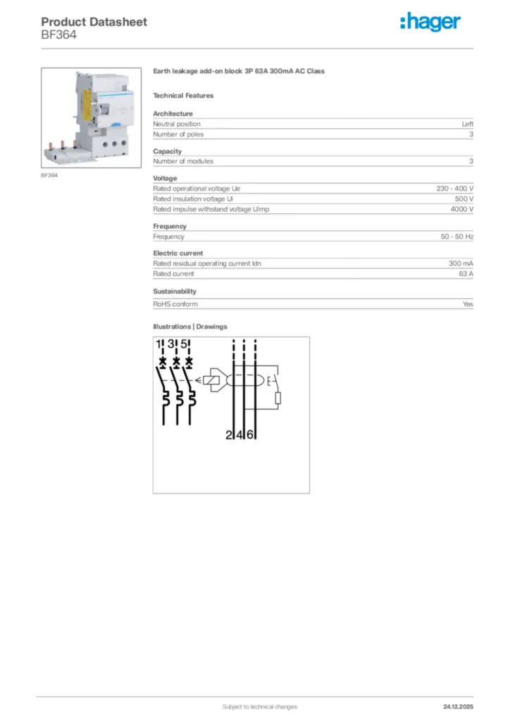 Image Hager Product data sheet BF364  | Hager Africa