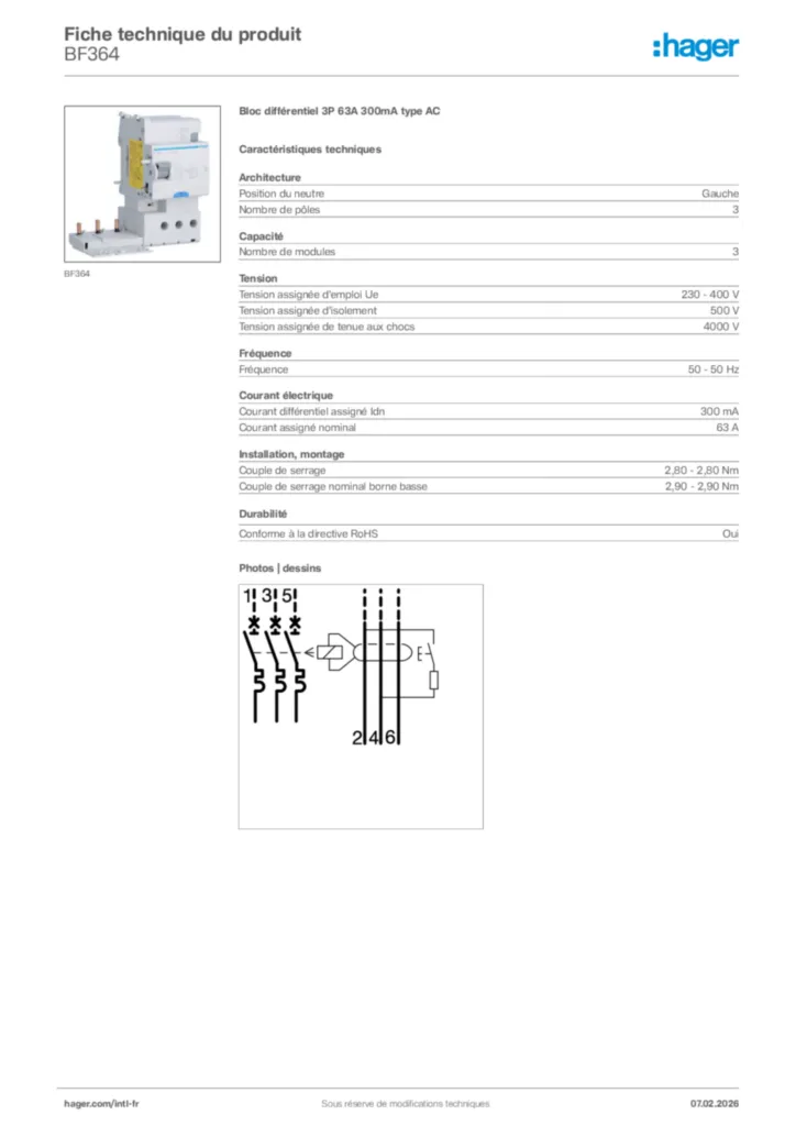 Image Hager Fiche technique du produit BF364 | Hager Afrique
