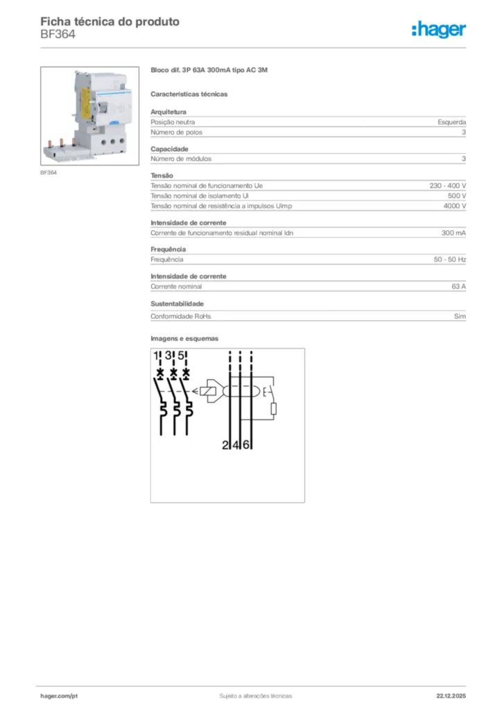 Imagem Hager Ficha técnica do produto BF364 | Hager Portugal