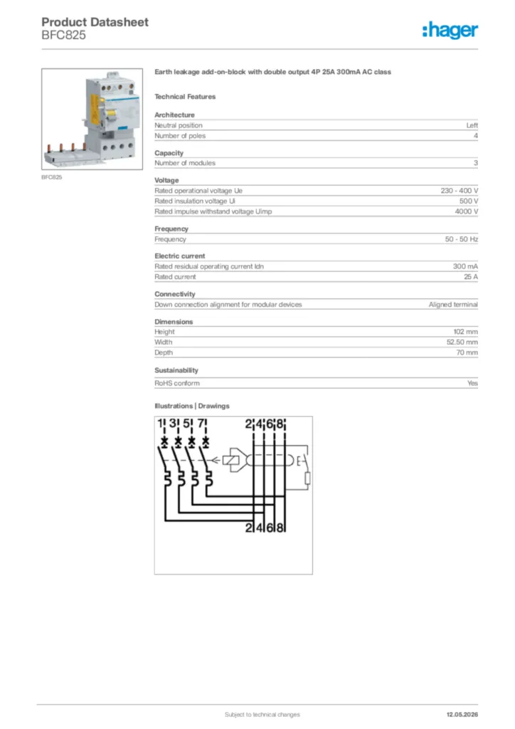 Image Hager Product data sheet BFC825  | Hager Africa
