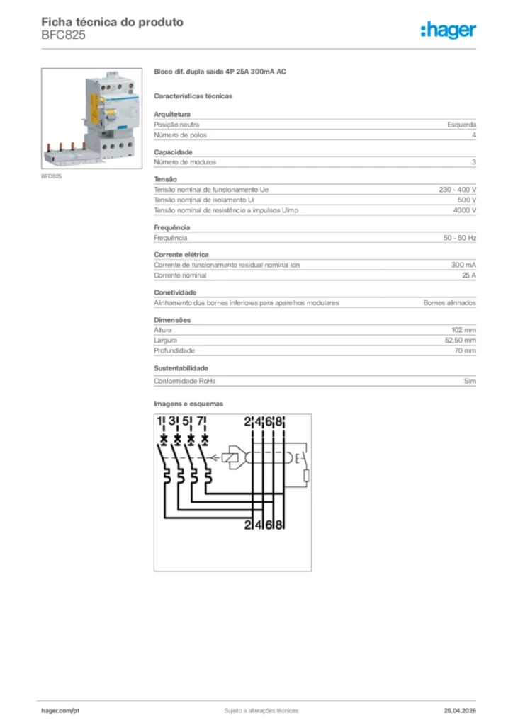 Imagem Hager Ficha técnica do produto BFC825 | Hager Portugal