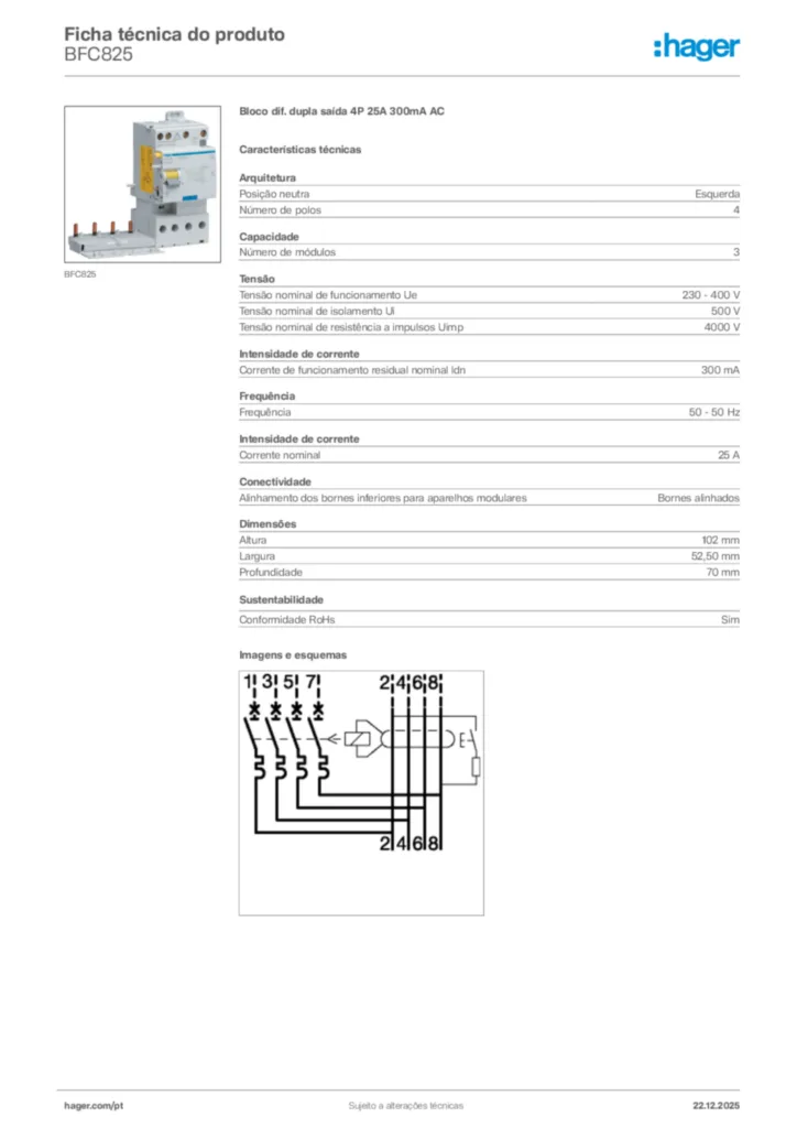 Imagem Hager Ficha técnica do produto BFC825 | Hager Portugal