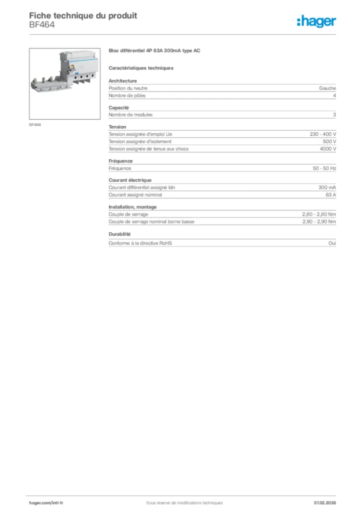 Image Hager Fiche technique du produit BF464 | Hager Afrique