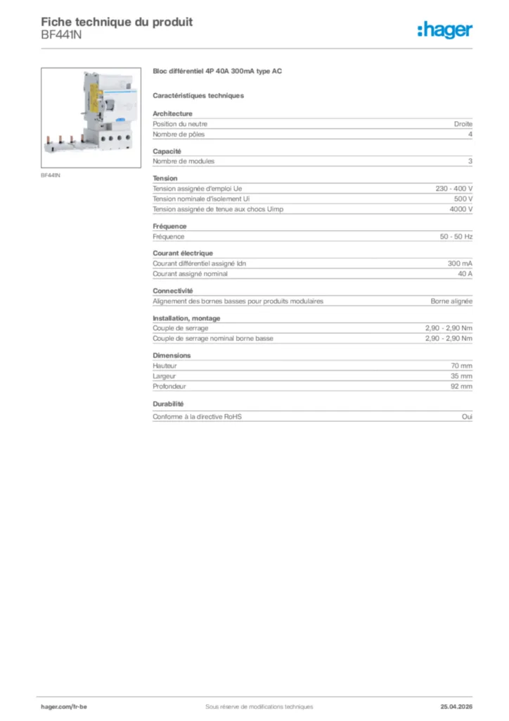 Image Hager Fiche technique du produit BF441N | Hager Belgique