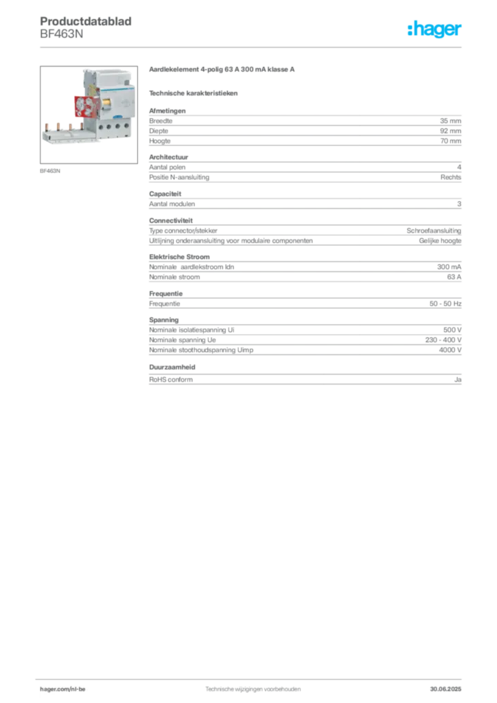 Afbeelding Hager Productdatablad BF463N | Hager Belgium