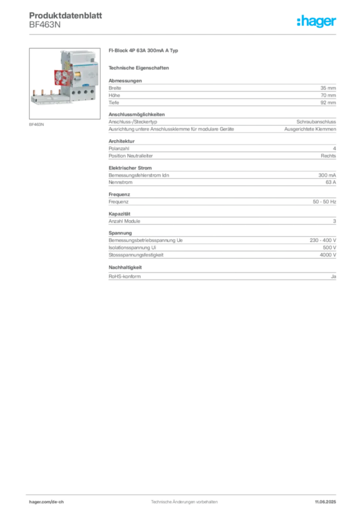 Bild Hager Produktdatenblatt BF463N | Hager Schweiz