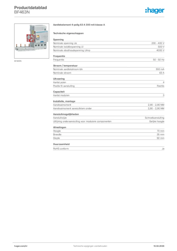 Afbeelding Hager Productdatablad BF463N | Hager Nederland