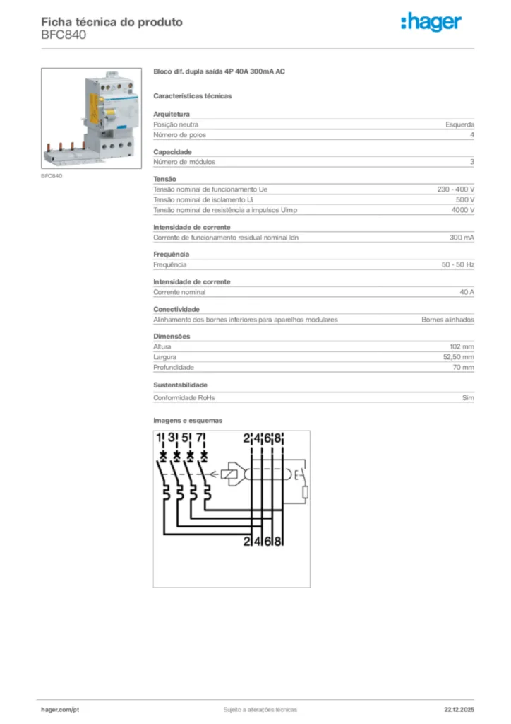 Imagem Hager Ficha técnica do produto BFC840 | Hager Portugal