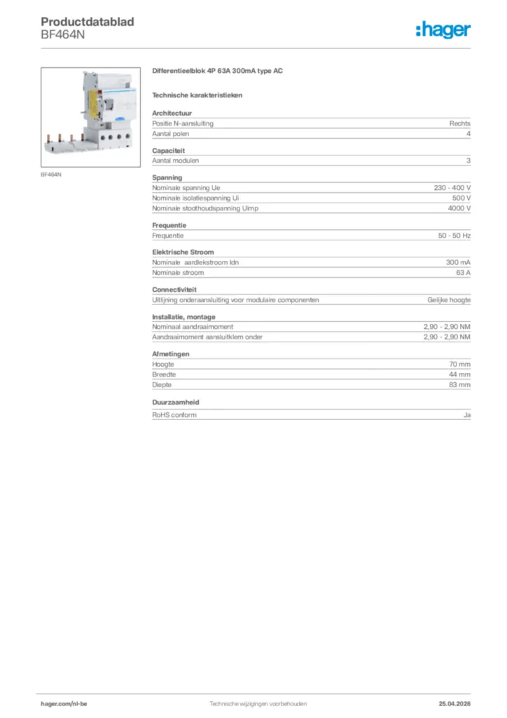 Afbeelding Hager Productdatablad BF464N | Hager Belgium