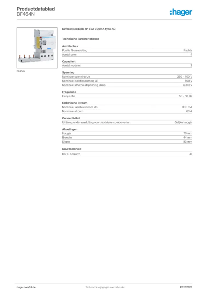 Afbeelding Hager Productdatablad BF464N | Hager Belgium