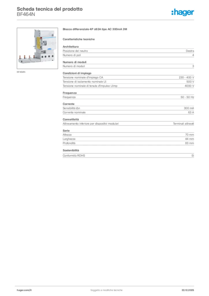 Immagine Hager Scheda tecnica del prodotto BF464N | Hager Italia