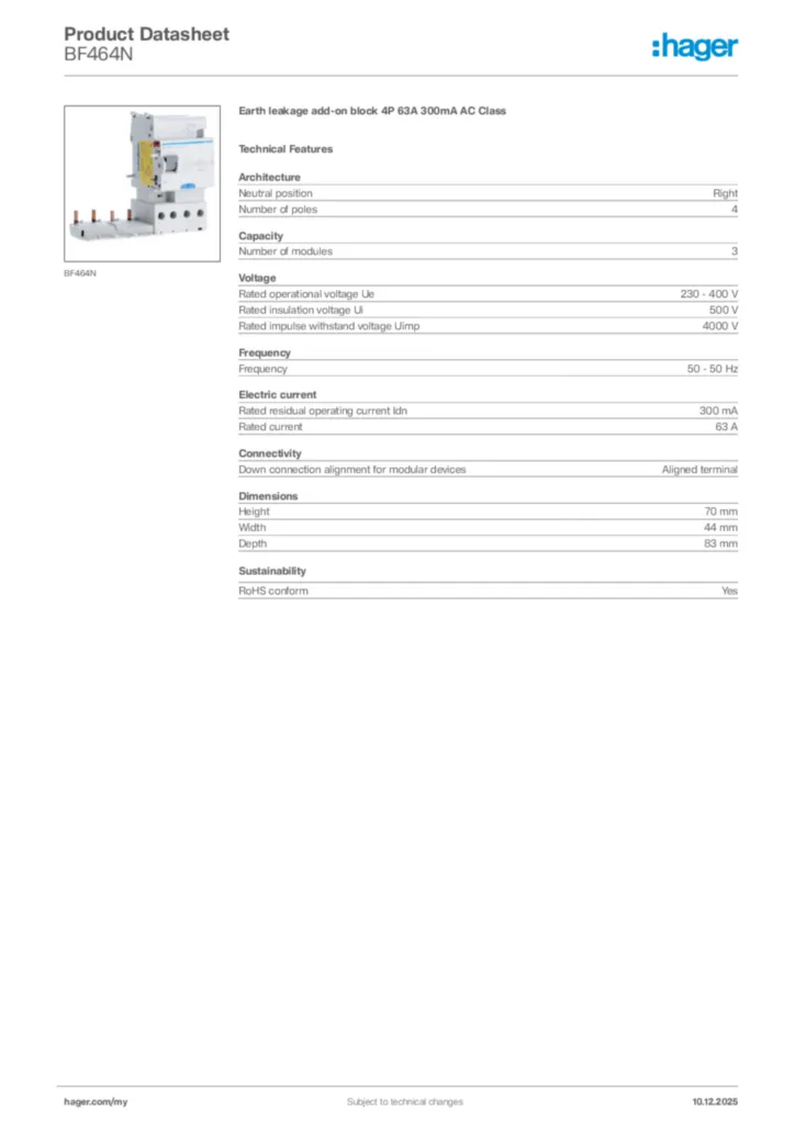Image Hager Product data sheet BF464N  | Hager