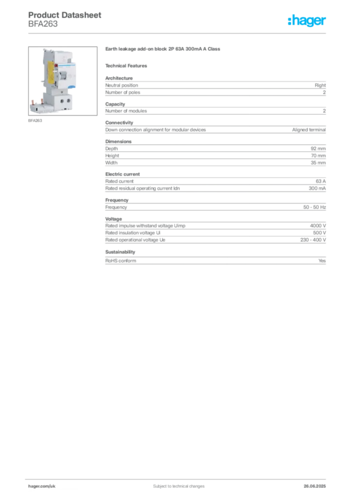 Image Hager Product data sheet BFA263  | Hager