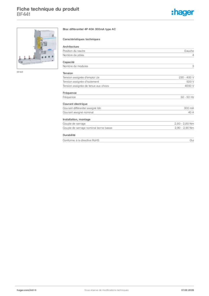 Image Hager Fiche technique du produit BF441 | Hager Afrique