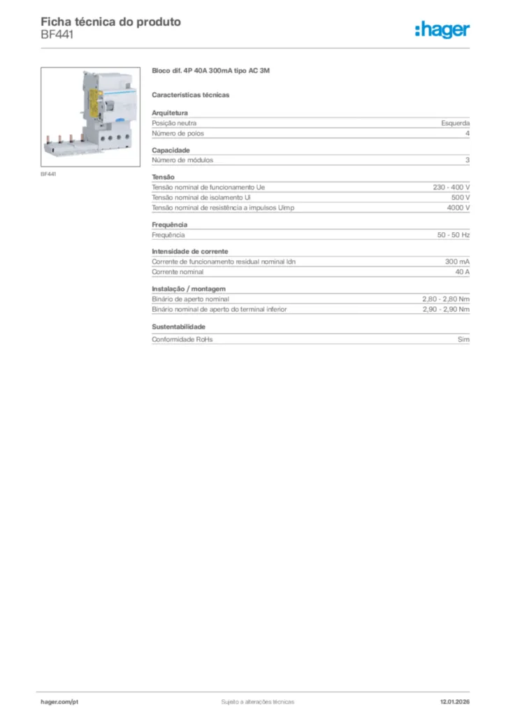 Imagem Hager Ficha técnica do produto BF441 | Hager Portugal