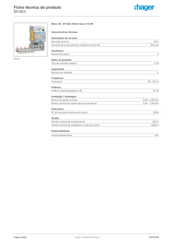 Imagem Hager Ficha técnica do produto BF463 | Hager Portugal