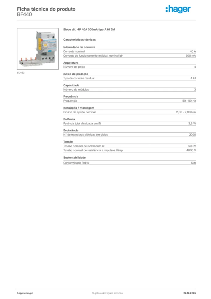 Imagem Hager Ficha técnica do produto BF440 | Hager Portugal