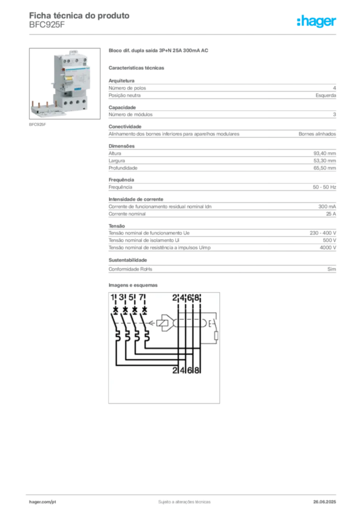 Imagem Hager Ficha técnica do produto BFC925F | Hager Portugal
