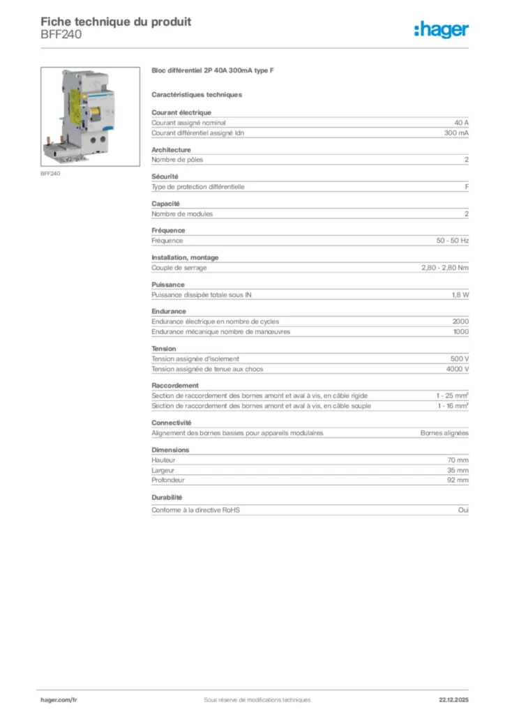Image Hager Fiche technique du produit BFF240 | Hager France