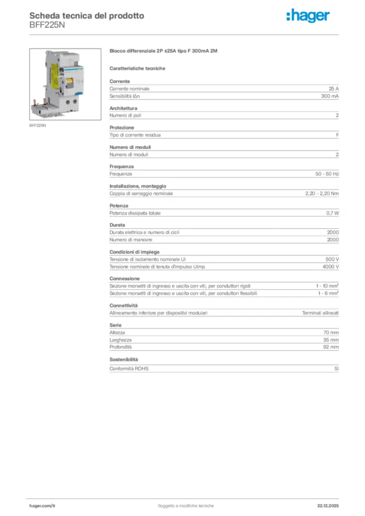Immagine Hager Scheda tecnica del prodotto BFF225N | Hager Italia