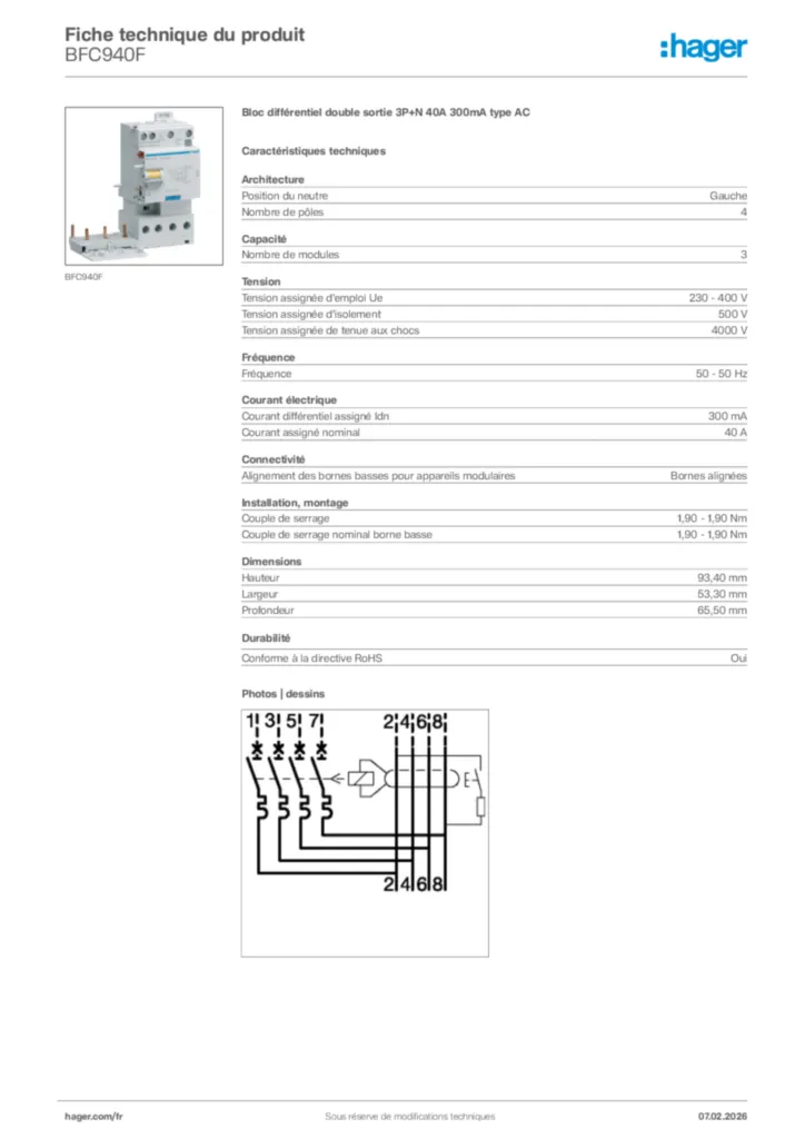Image Hager Fiche technique du produit BFC940F | Hager France