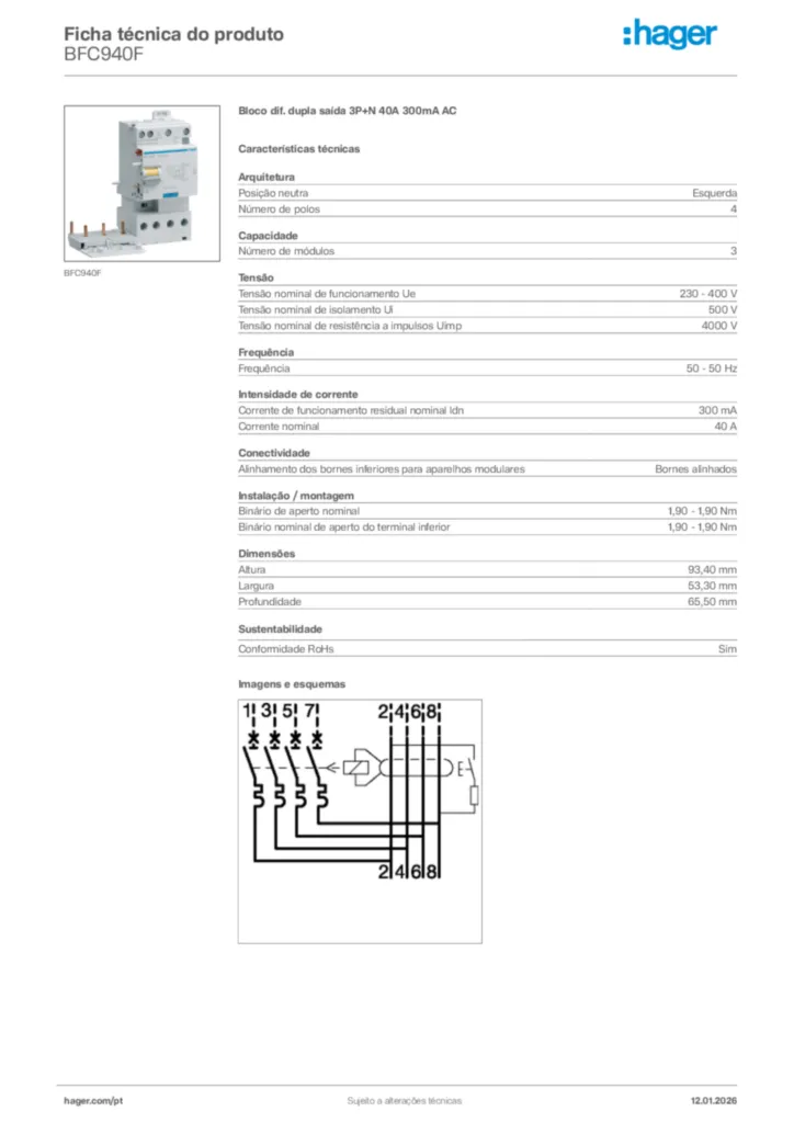 Imagem Hager Ficha técnica do produto BFC940F | Hager Portugal