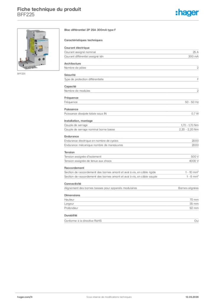 Image Hager Fiche technique du produit BFF225 | Hager France