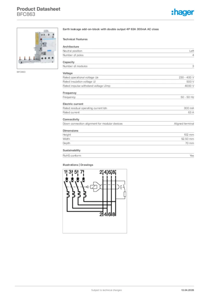 Image Hager Product data sheet BFC863  | Hager Africa