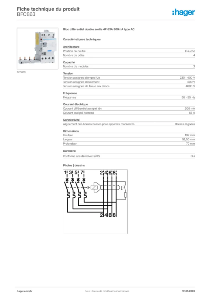Image Hager Fiche technique du produit BFC863 | Hager France