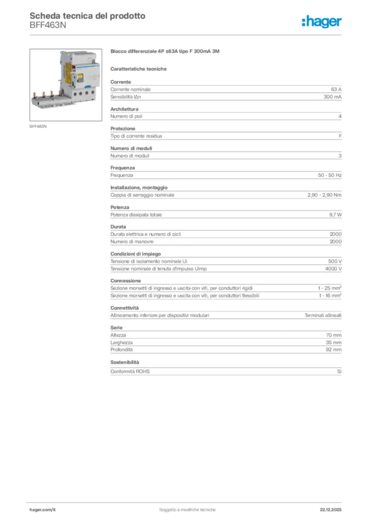 Immagine Hager Scheda tecnica del prodotto BFF463N | Hager Italia