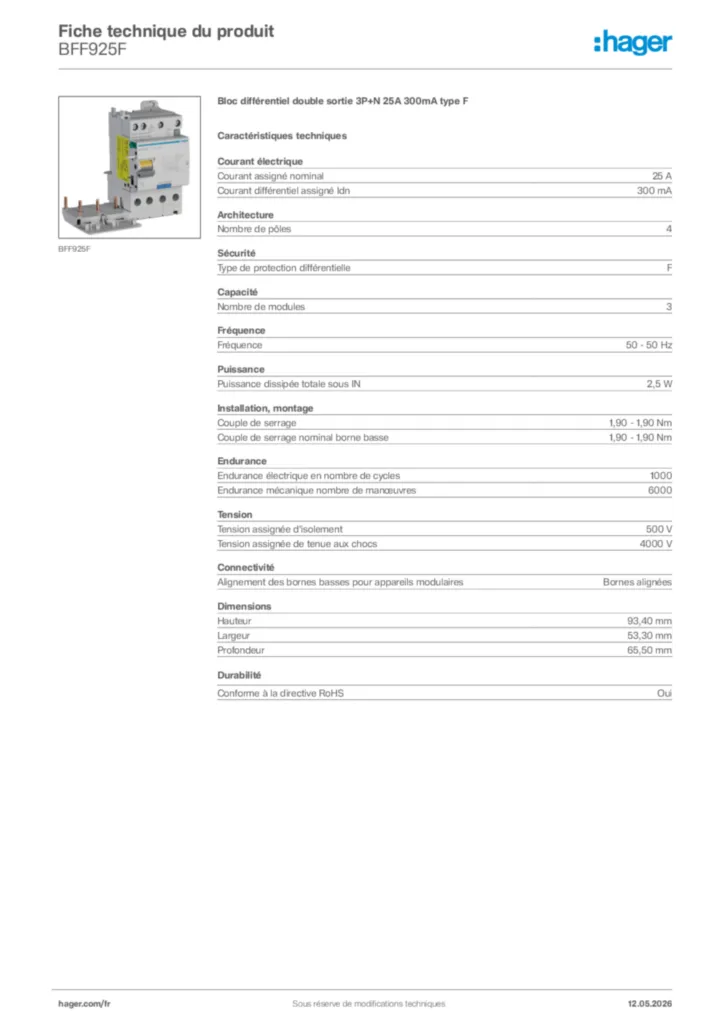 Image Hager Fiche technique du produit BFF925F | Hager France