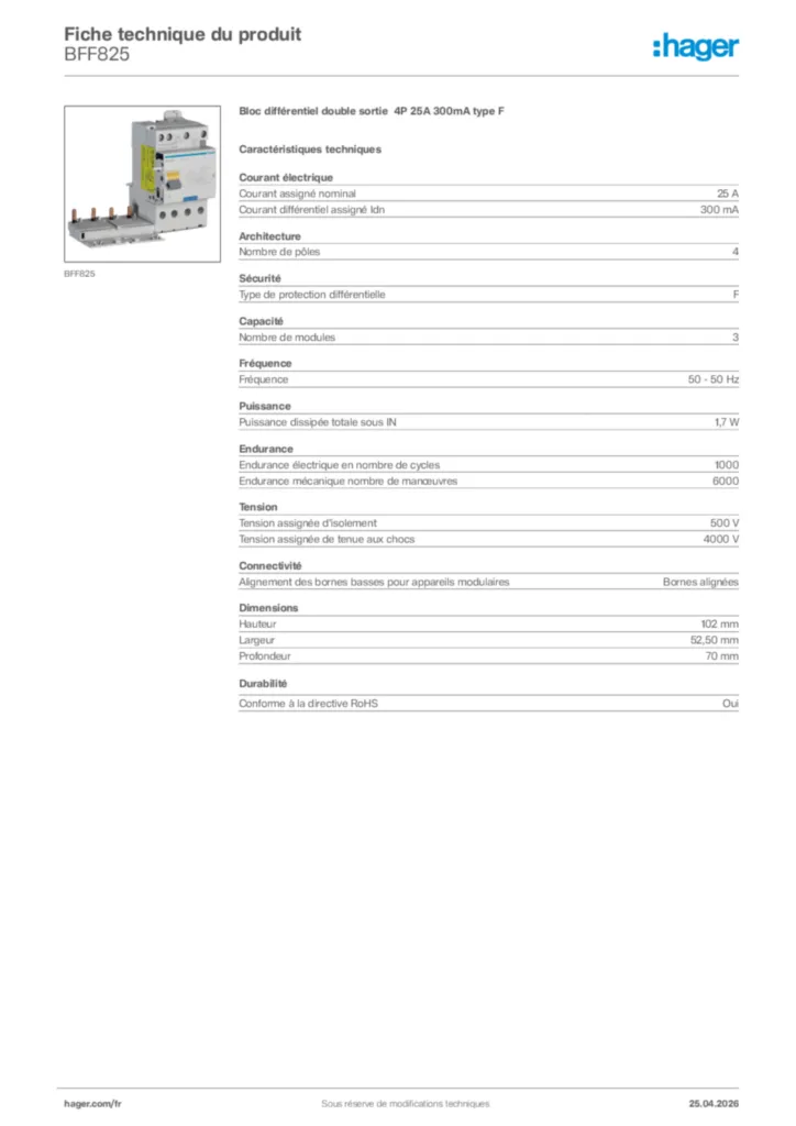 Image Hager Fiche technique du produit BFF825 | Hager France
