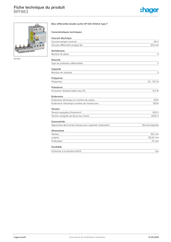 Image Hager Fiche technique du produit BFF863 | Hager France