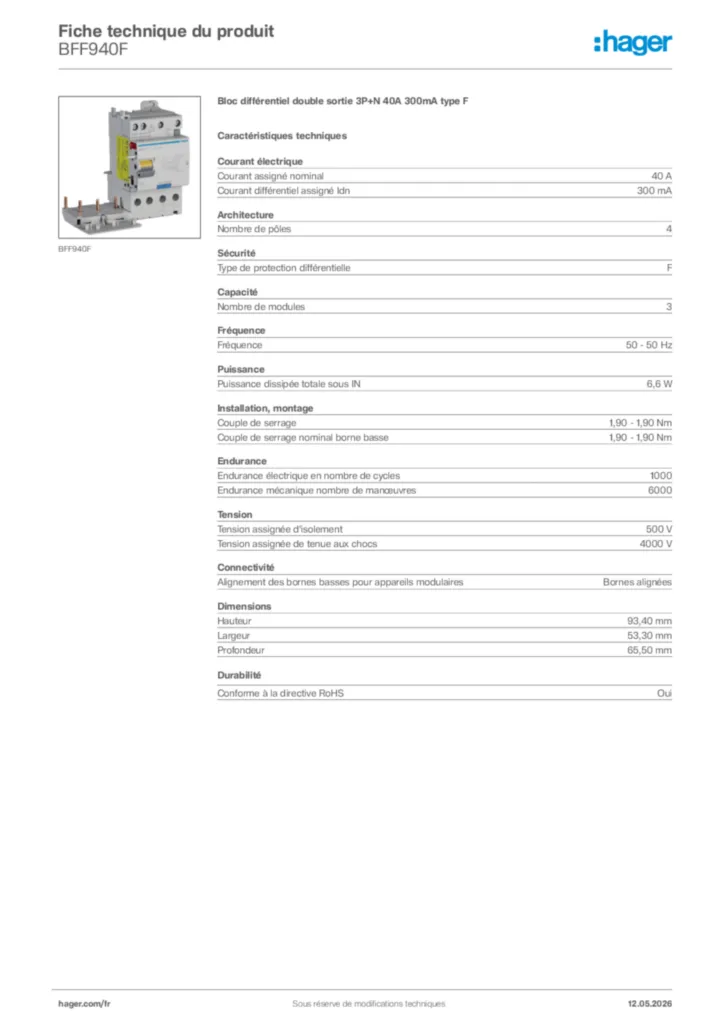 Image Hager Fiche technique du produit BFF940F | Hager France