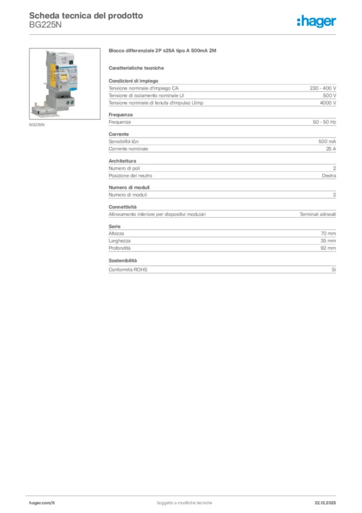Immagine Hager Scheda tecnica del prodotto BG225N | Hager Italia