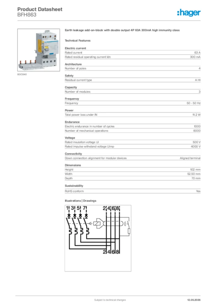 Image Hager Product data sheet BFH863  | Hager Africa